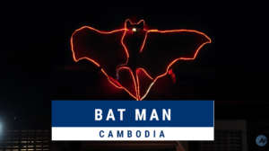 Screen shot of opening credits for Bat Man. Shows a neon Bat in the night sky